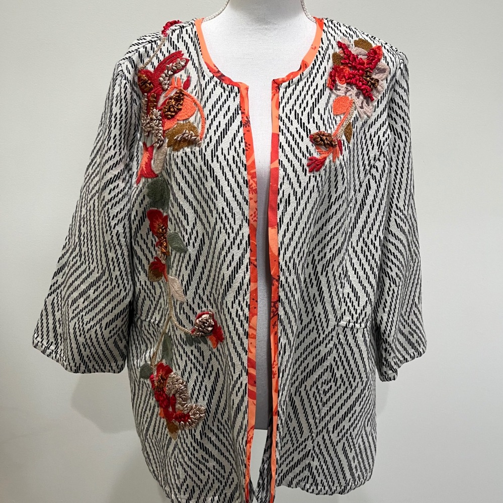 Chicos Open Front Jacket Women Size 3 XL Floral Embroidered Kimono Boho Artsy